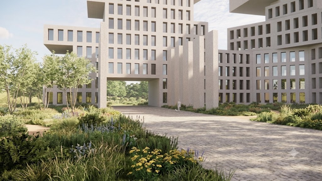 Perspective render 3 — porte-cochère at ground level